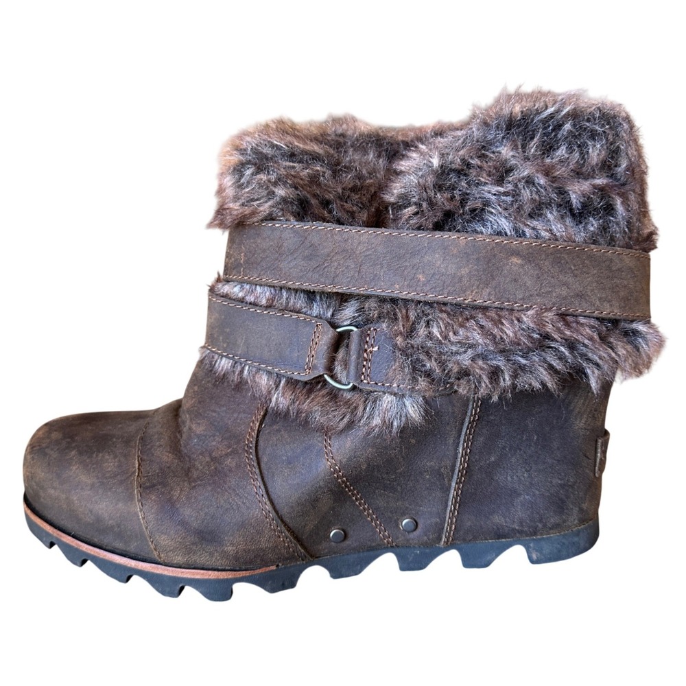 Sorel Joan of Arctic Wedge Ankle Boots NL1984-202 Brown Leather Faux Fur Women 9